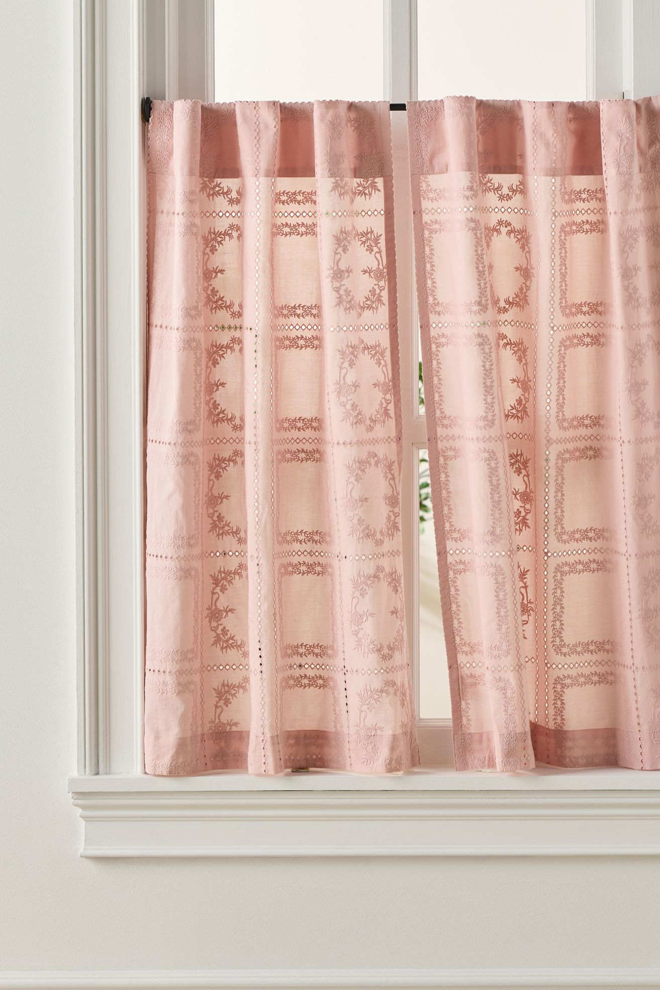 Cotton Eyelet Embroidered Sheer Cafe Curtain, Set of 2 - Rose, Standard, 25" x 36"