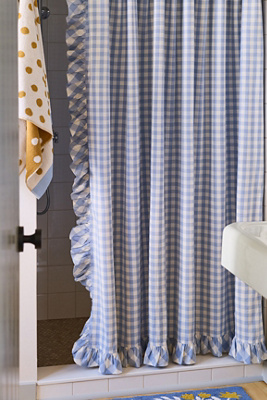Cotton Printed Gingham Ruffle Shower Curtain