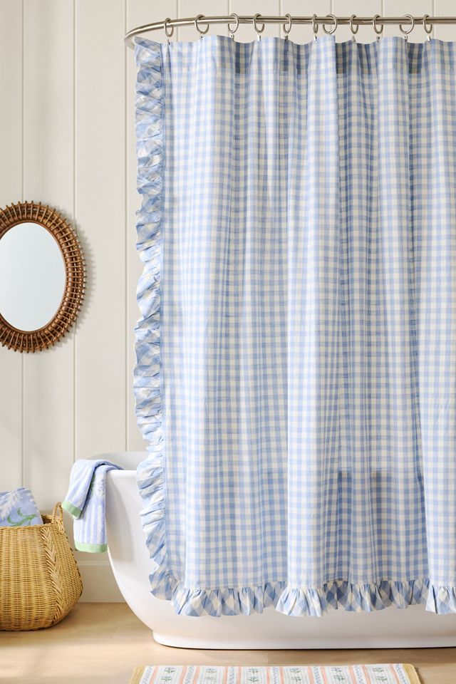 Cotton Printed Gingham Ruffle Shower Curtain #1