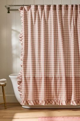 100% Cotton Printed Gingham Ruffle Shower Curtain