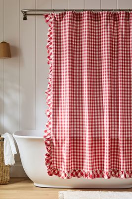 Cotton Printed Gingham Ruffle Shower Curtain