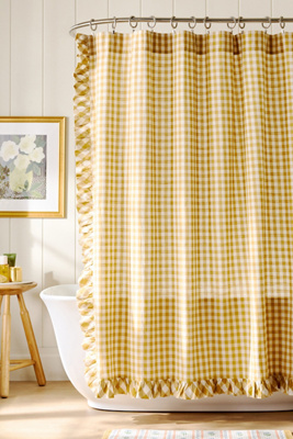 Cotton Printed Gingham Ruffle Shower Curtain