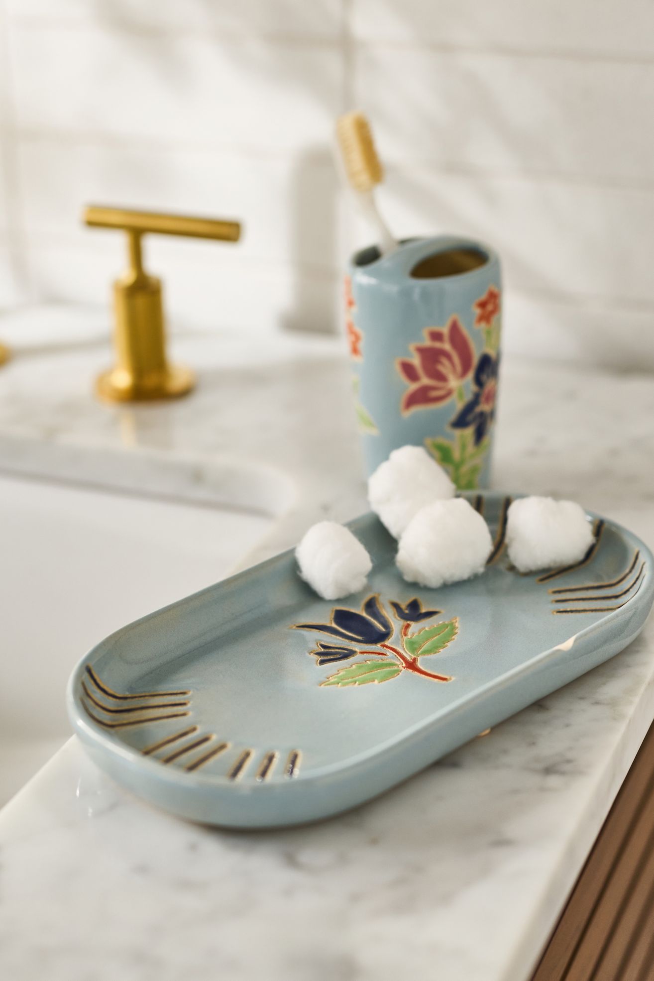 Hand-Painted Ceramic Bath Tray - Anja Blue, One Size