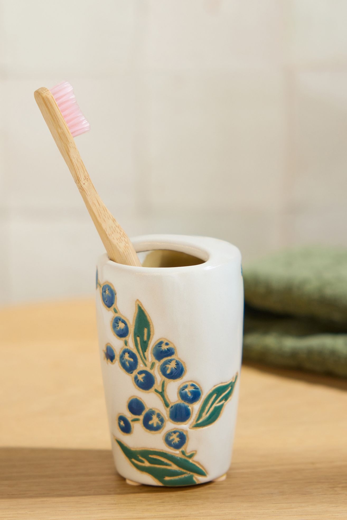 Printed Ceramic Toothbrush Holder - Anja White, One Size