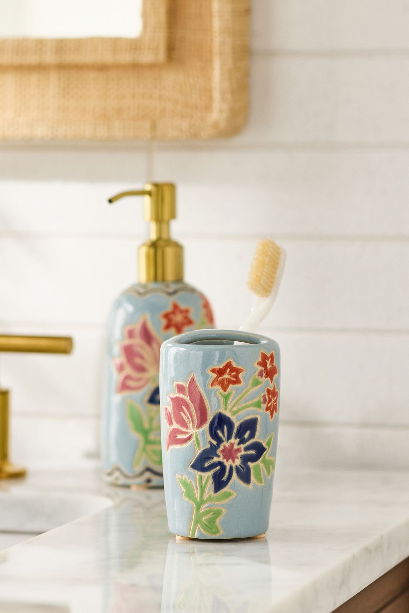 Printed Ceramic Toothbrush Holder - Anja Blue, One Size