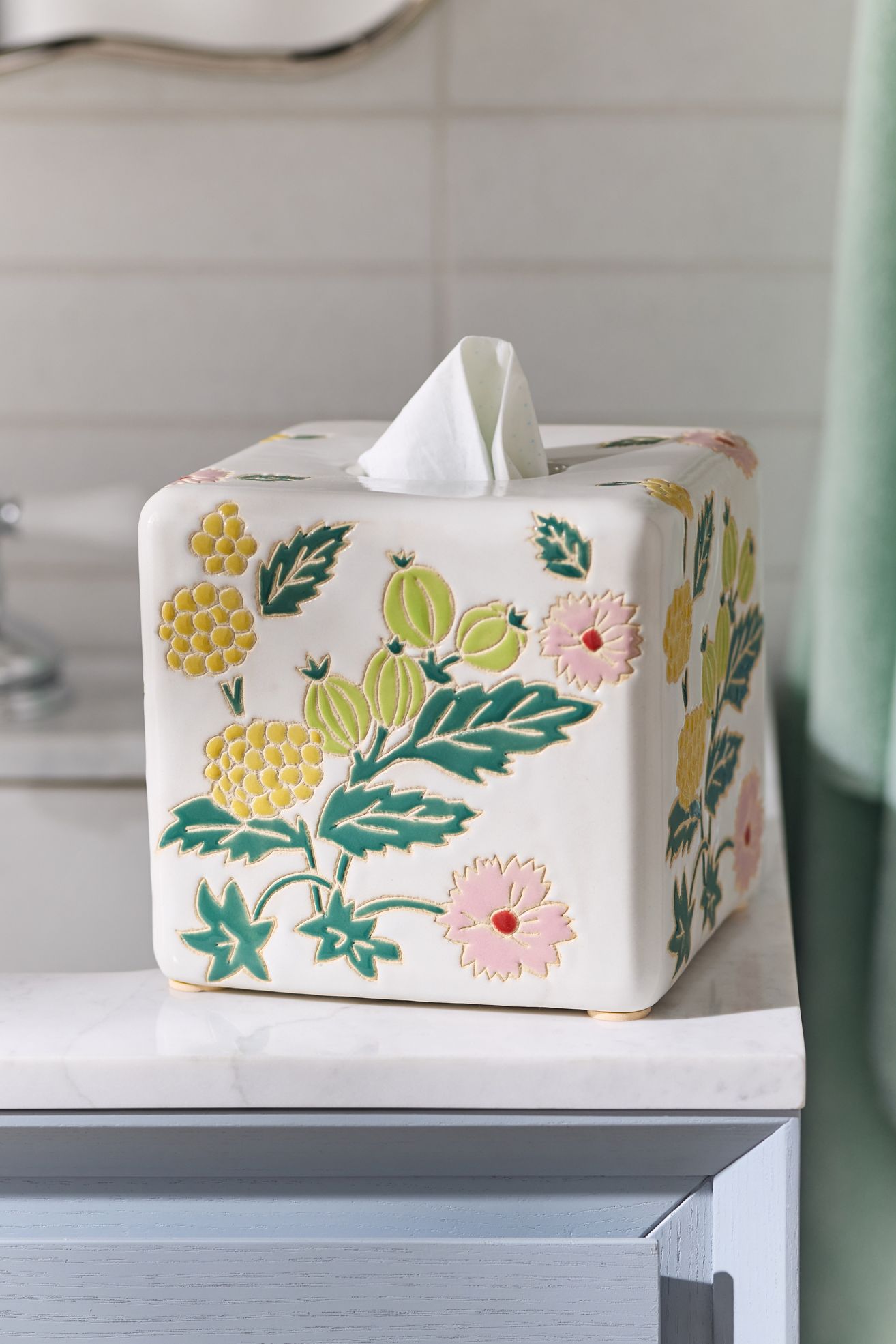 Printed Ceramic Tissue Box - Anja White, Standard, One Size