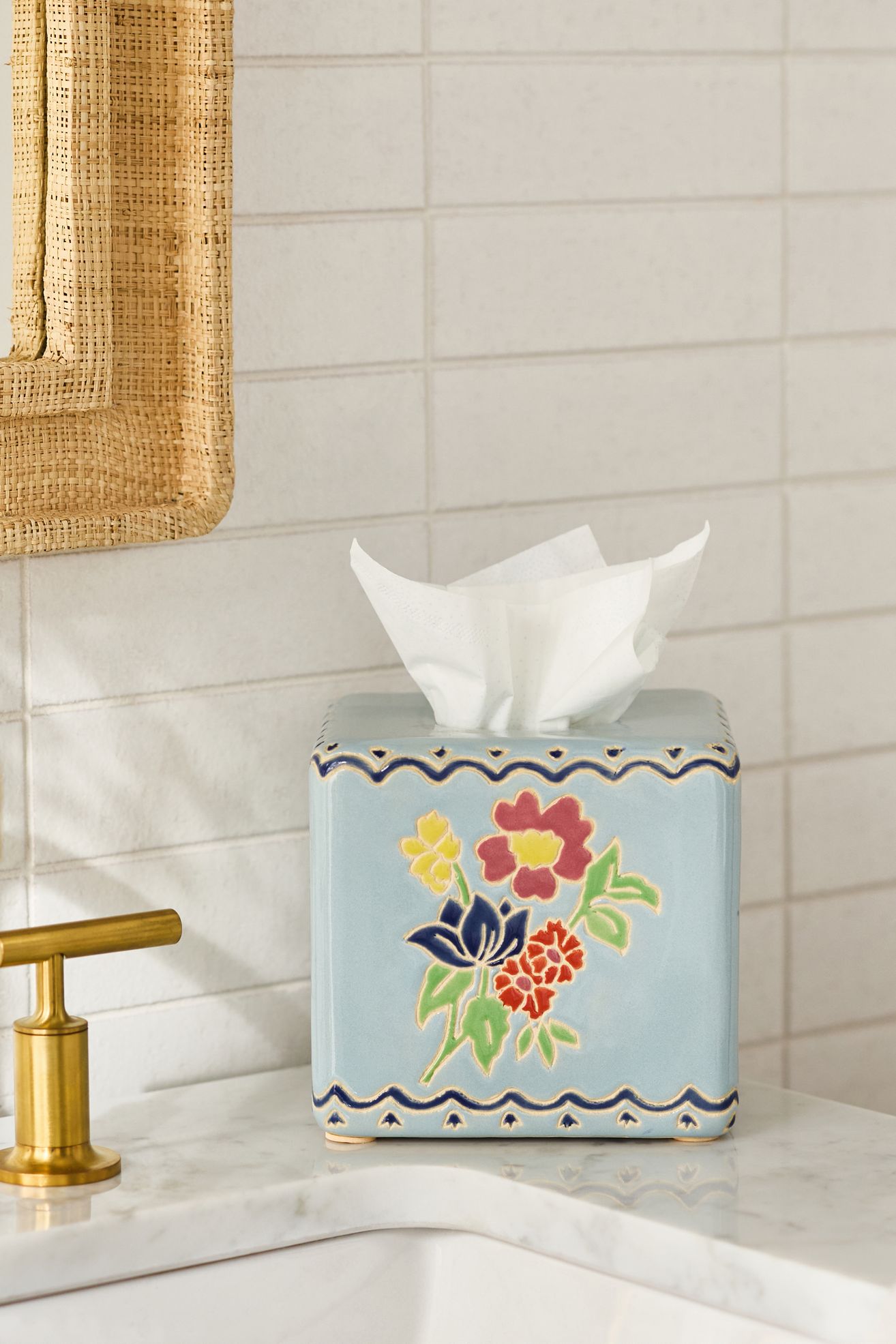 Printed Ceramic Tissue Box - Anja Blue, One Size