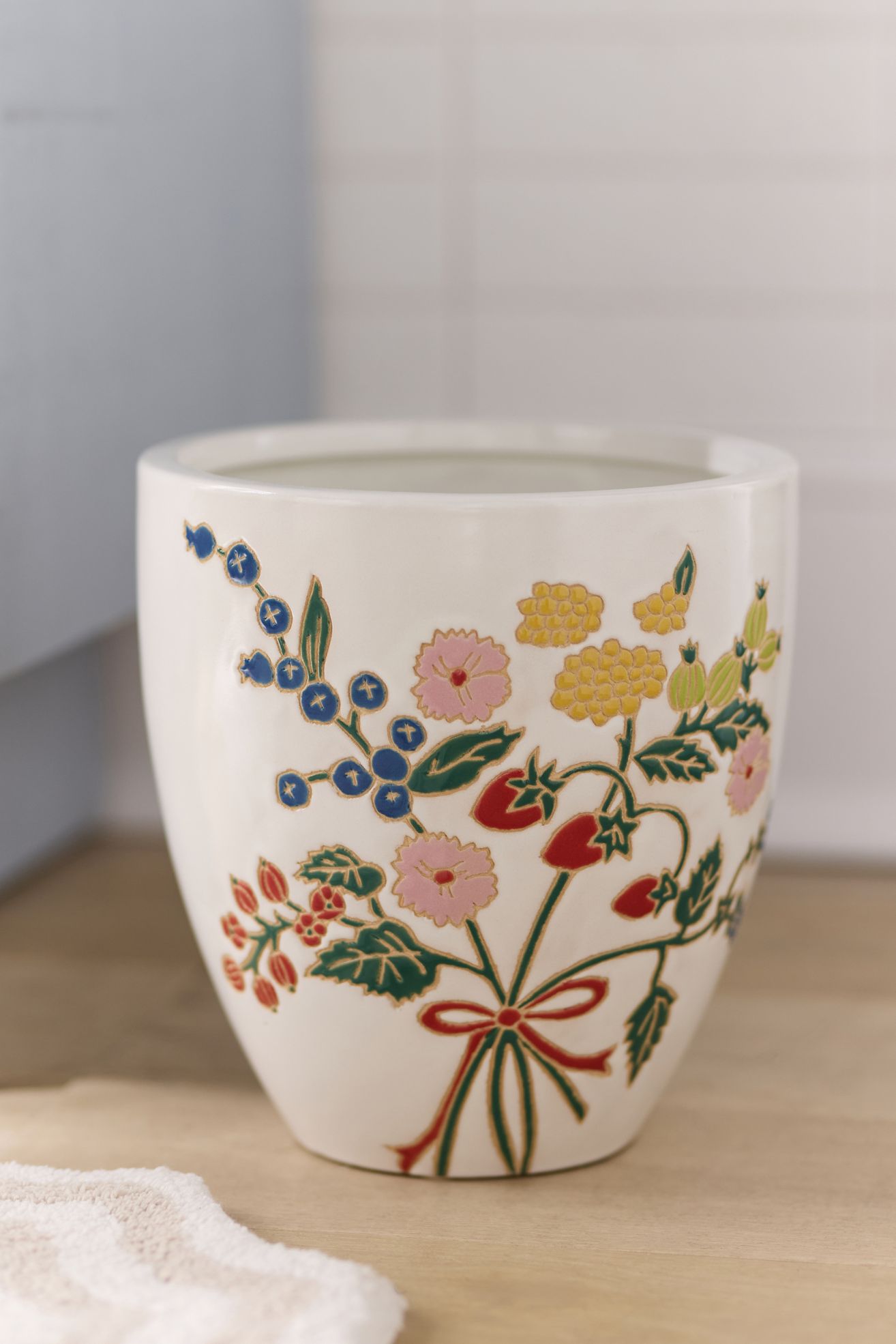 Printed Ceramic Waste Bin - Anja White, One Size