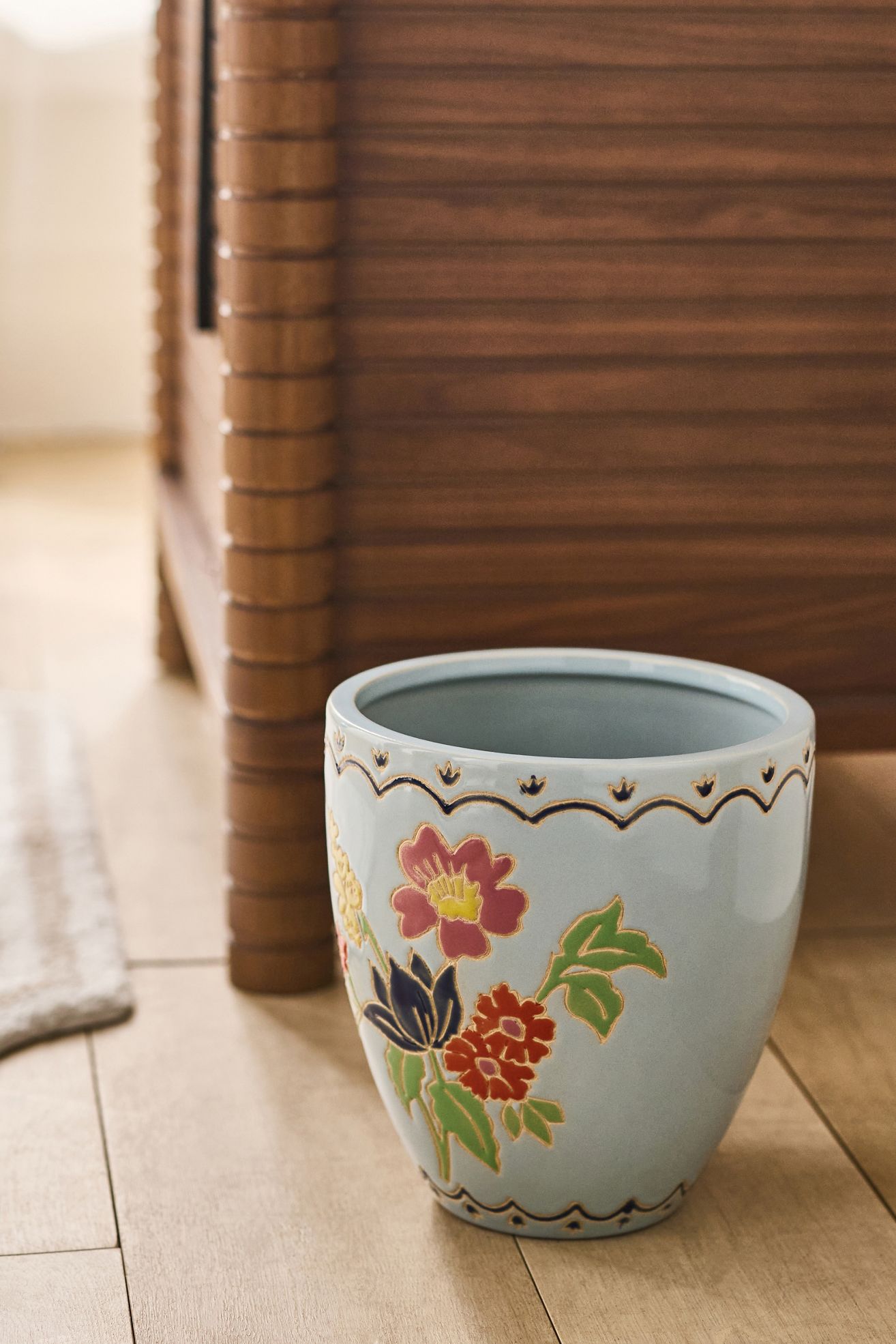Hand-Painted Ceramic Waste Bin - Anja Blue, One Size