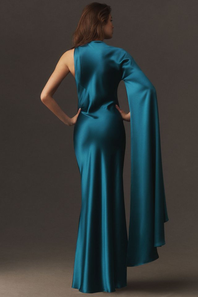 Acler Ropley Asymmetric Cape-Sleeve Satin Maxi Dress #1