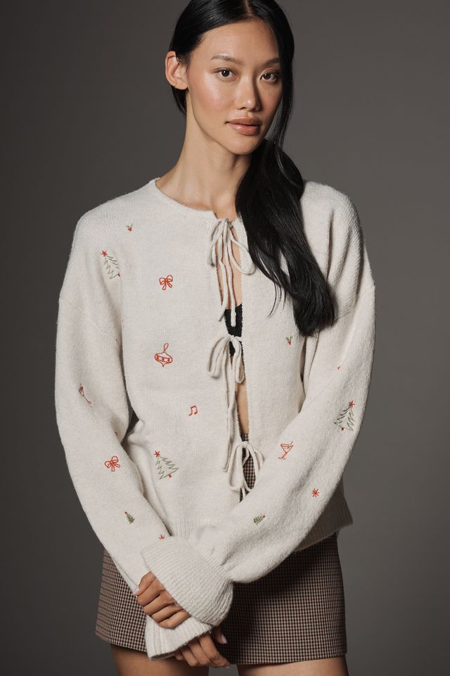 Flat White Tie-Front Holiday Icon Cardigan Sweater #1