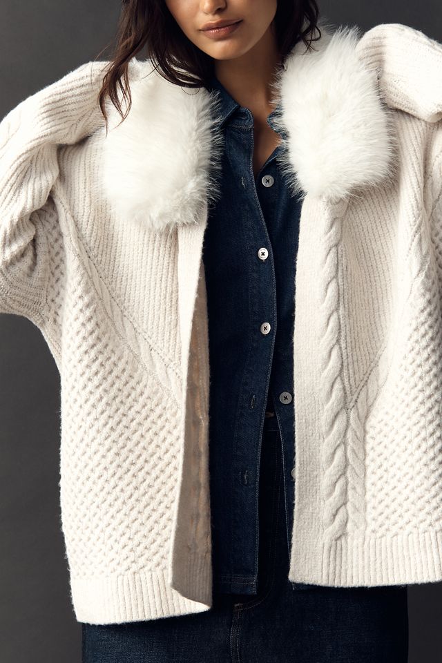 Flat White Faux Fur-Collar Cardigan Sweater #2