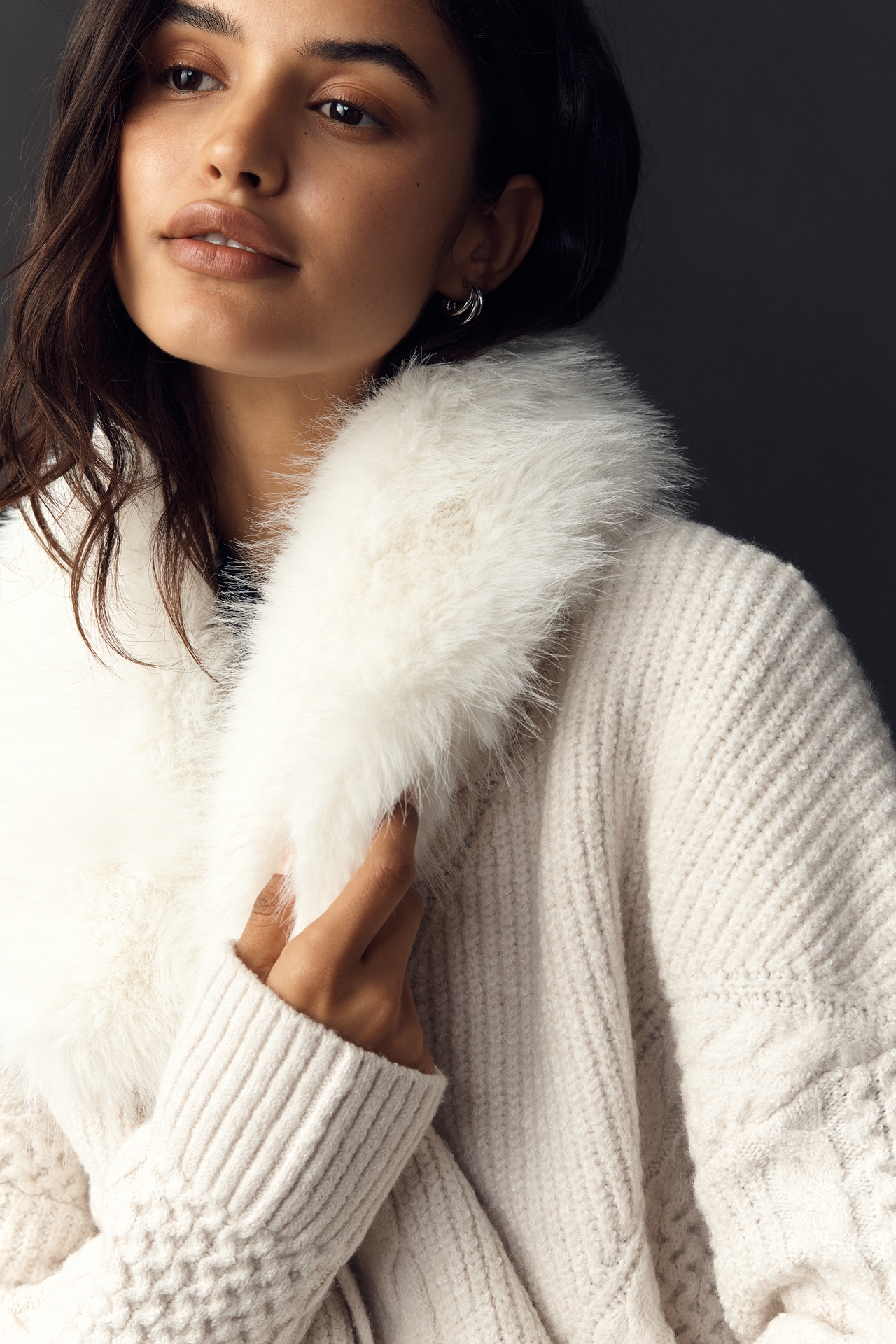 Flat White Faux Fur-Collar Cardigan Sweater