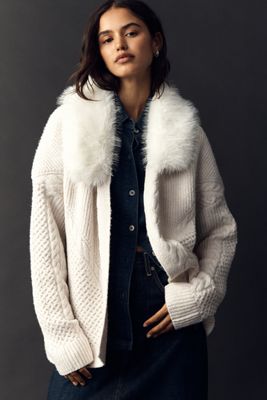 Flat White Faux Fur-Collar Cardigan Sweater
