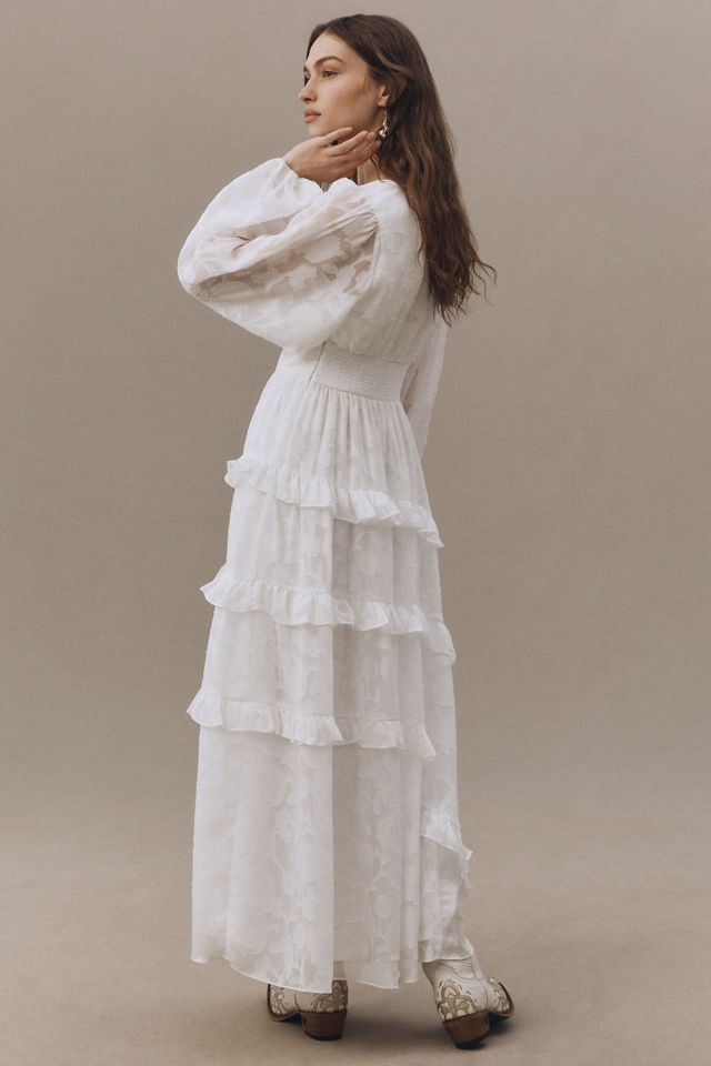 BHLDN Long-Sleeve V-Neck Jacquard Maxi Dress #2