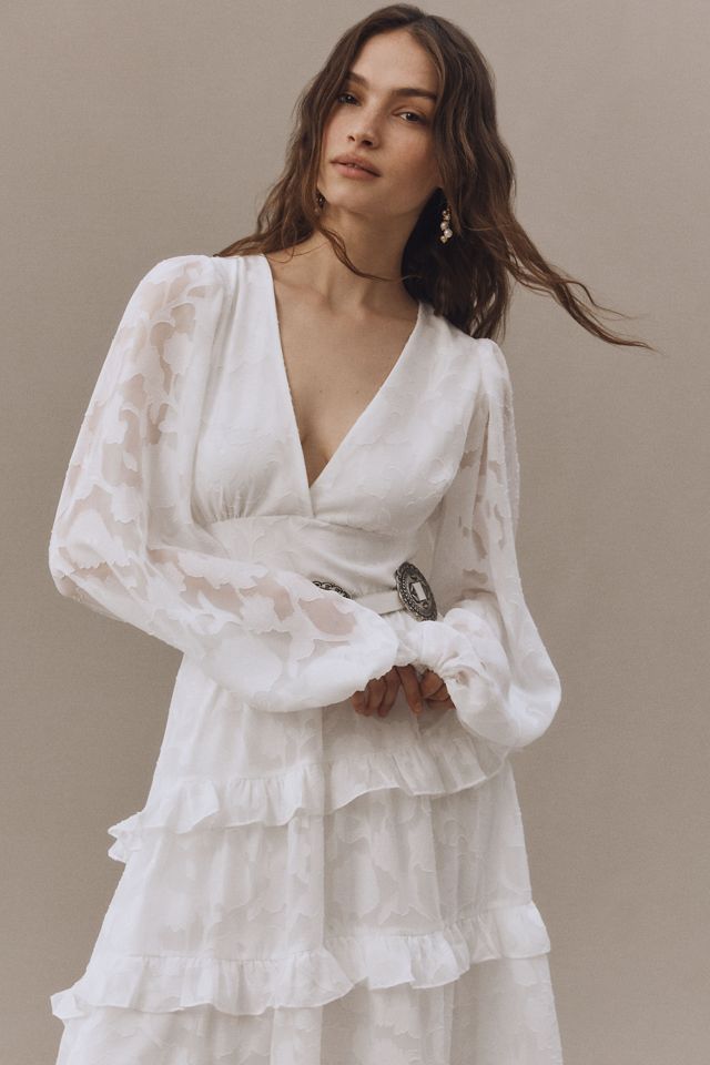 BHLDN Long-Sleeve V-Neck Jacquard Maxi Dress #3