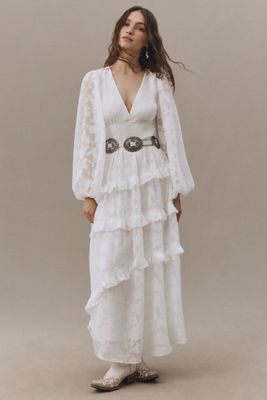 BHLDN Long-Sleeve V-Neck Jacquard Maxi Dress