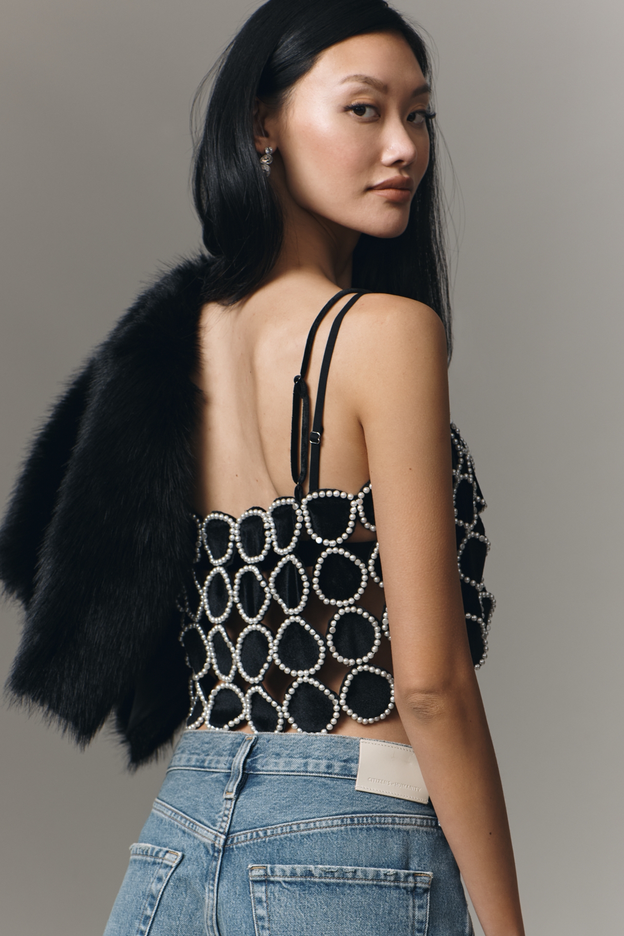 Ollari Pearl-Embellished Velvet Cami