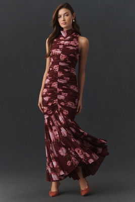 Bhldn Mesh Ruched Sleeveless Maxi Dress In Burgundy
