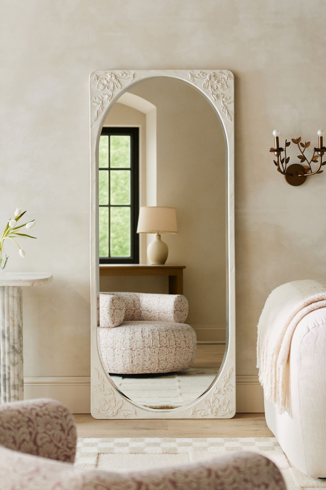 Naomi Etched Floral Rectangle Dressing Floor Mirror - White, Standard, One Size