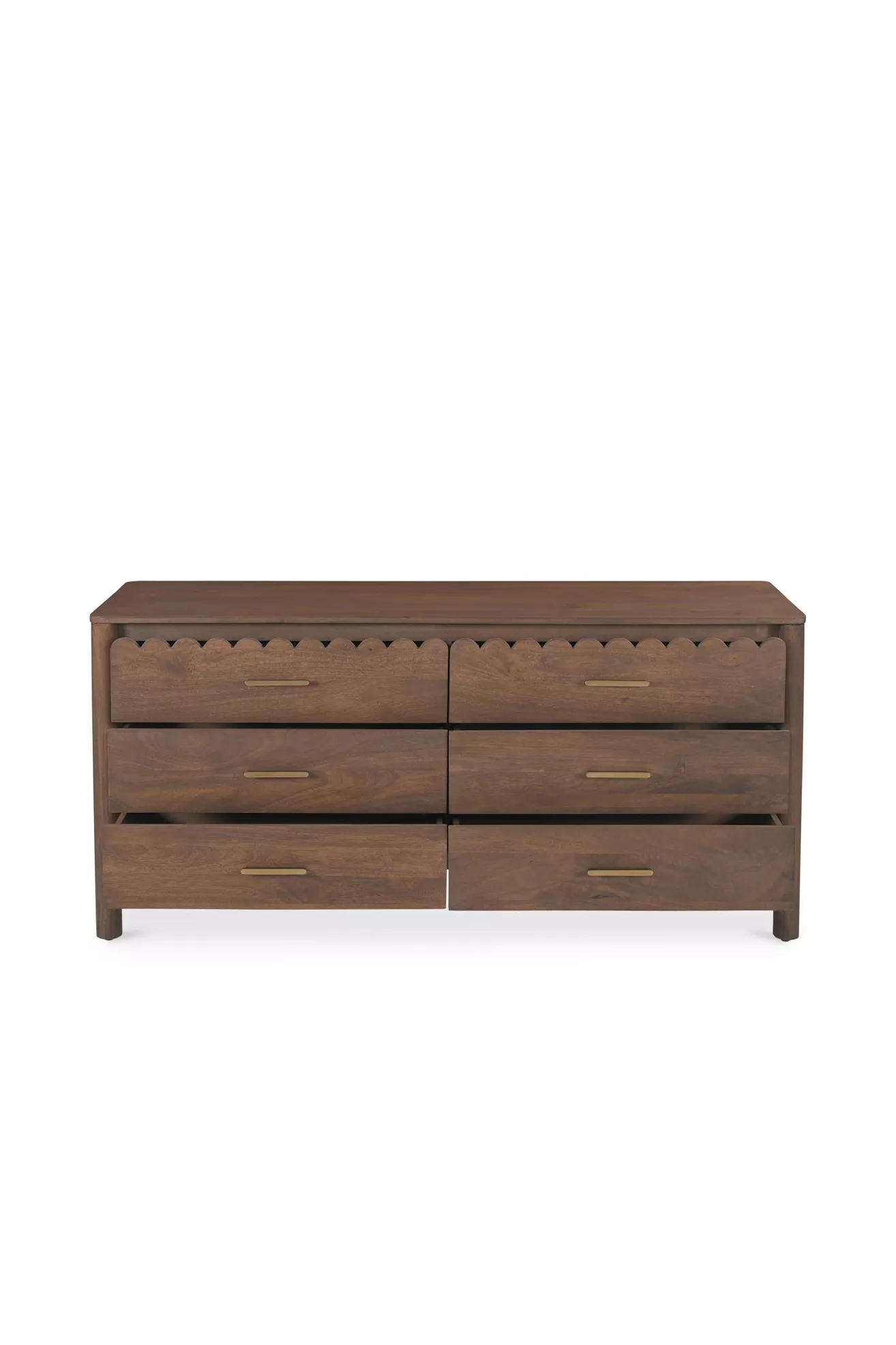Front view of Wiley Scallop Wood Six-Drawer Dresser with two columns of drawers