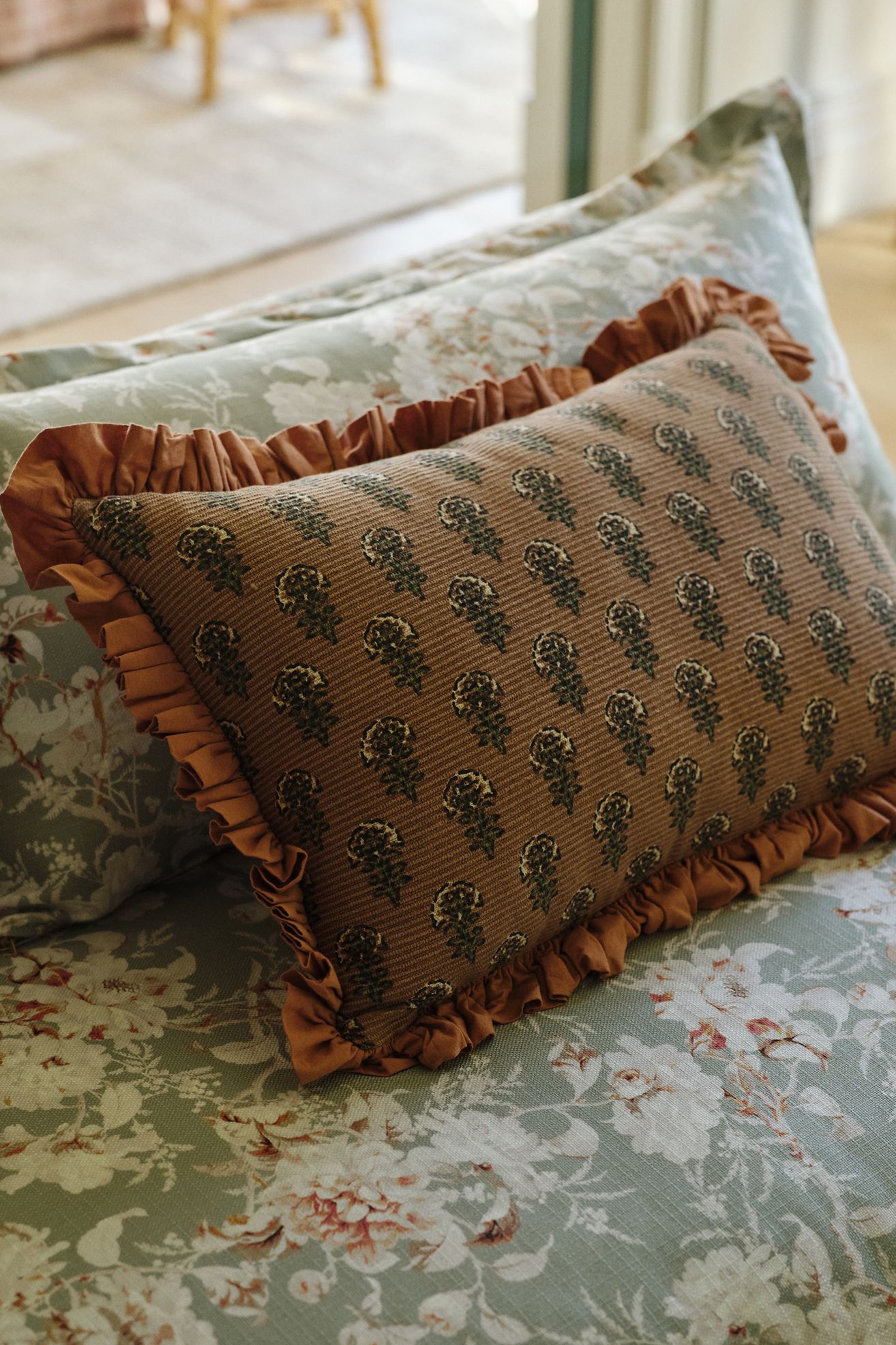 Cotton Block-Print Ruffle Pillow - Neutral 16" X 26", Assorted