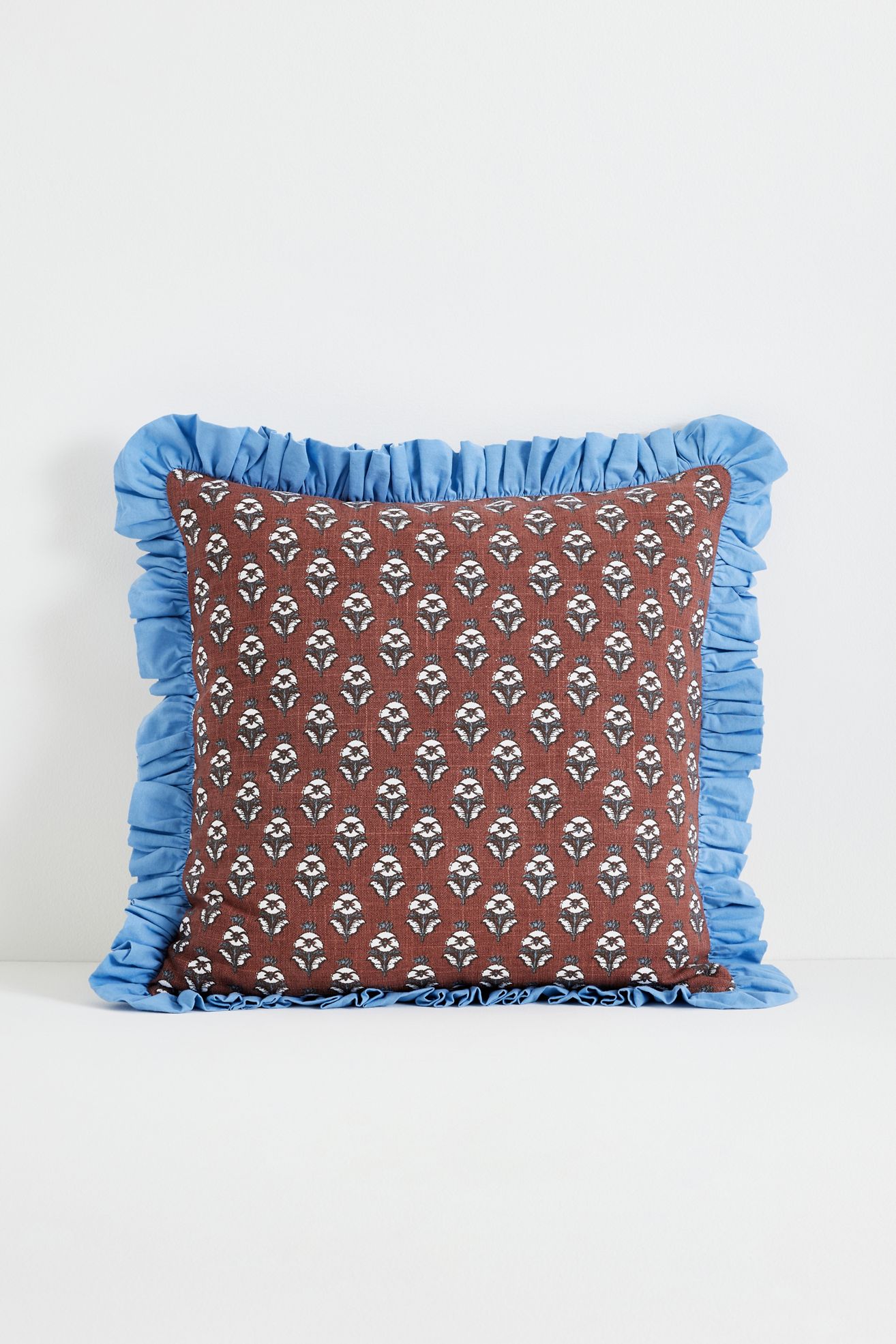 Cotton Block-Print Ruffle Pillow - Brown 20" X 20", Assorted