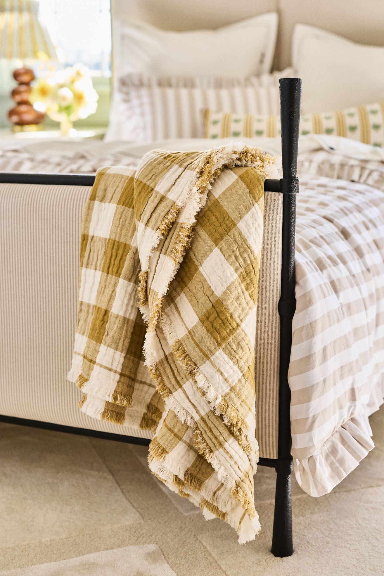 Ana Cotton Gauze Woven Throw Blanket - Ochre/Neutral Gingham, 50" x 70"
