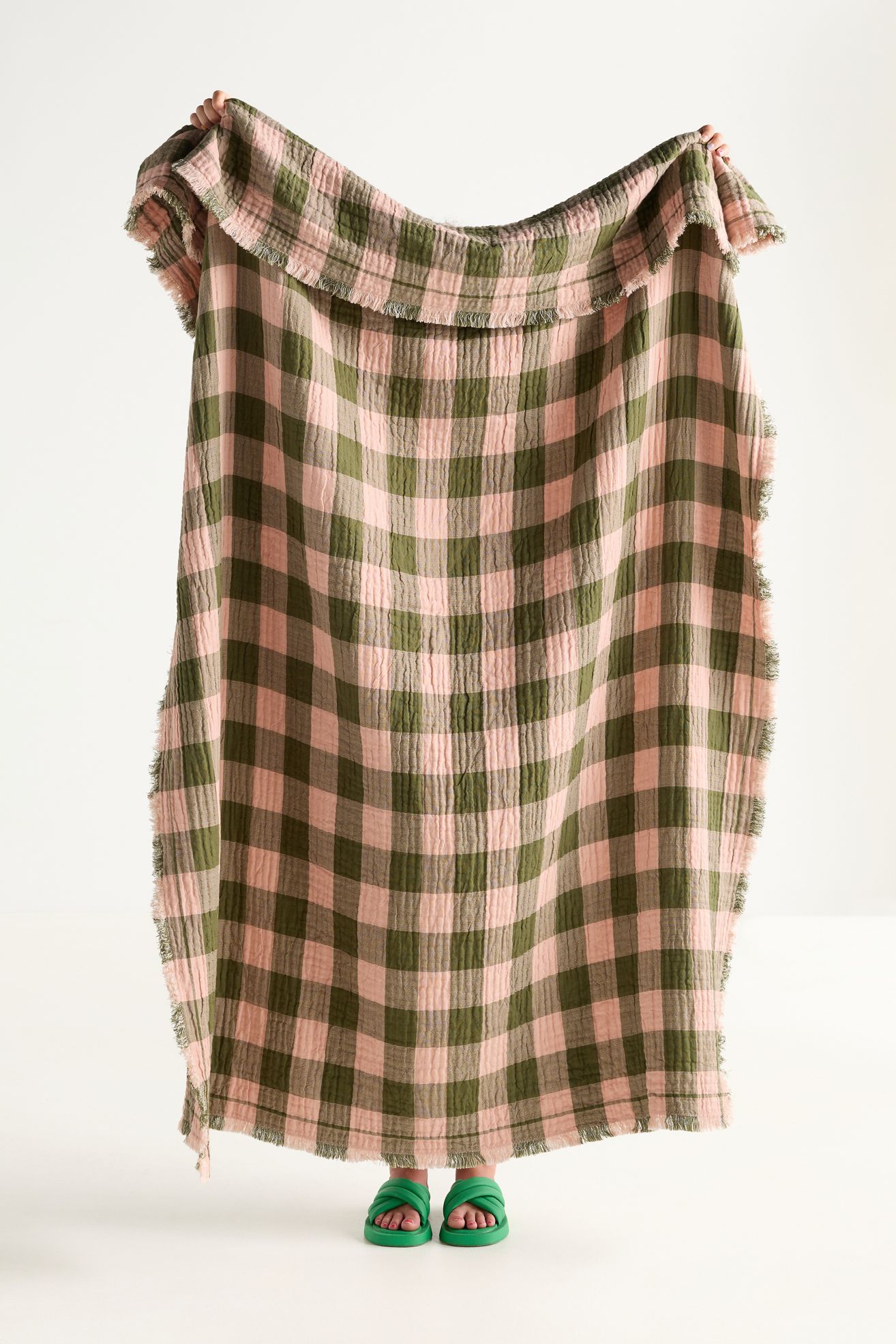 Ana Cotton Gauze Woven Throw Blanket - Green/Mauve Gingham, 50" x 70"