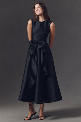 Shoshanna Leo Bow-front Pebble Mikado Maxi Dress In Black