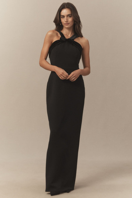 Shoshanna Midnight Gala Velvet Bow Stretch Crepe Maxi Dress In Black