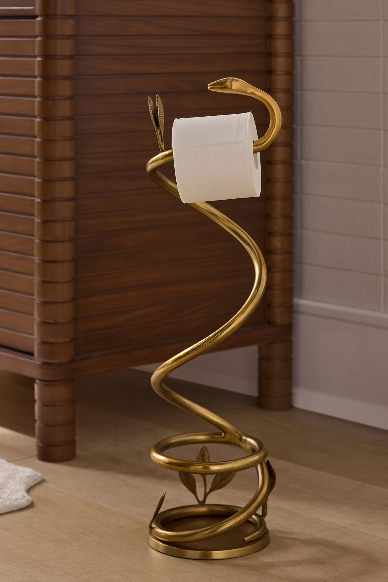 Serpentine Brass Standing Toilet Paper Holder - Aged Brass, One Size