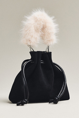 By Anthropologie Cinched Suede Faux Fur Bucket Bag In Black