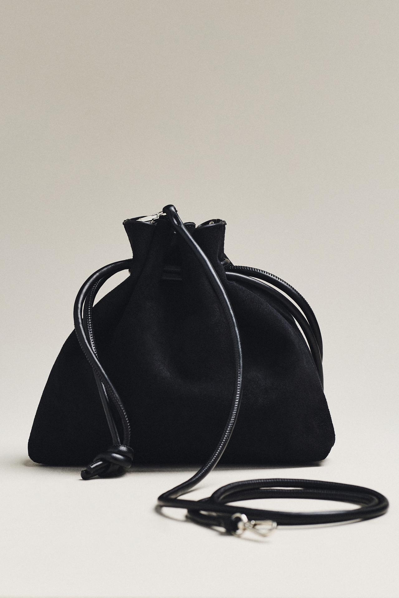 Cinched Suede Faux Fur Bucket Bag