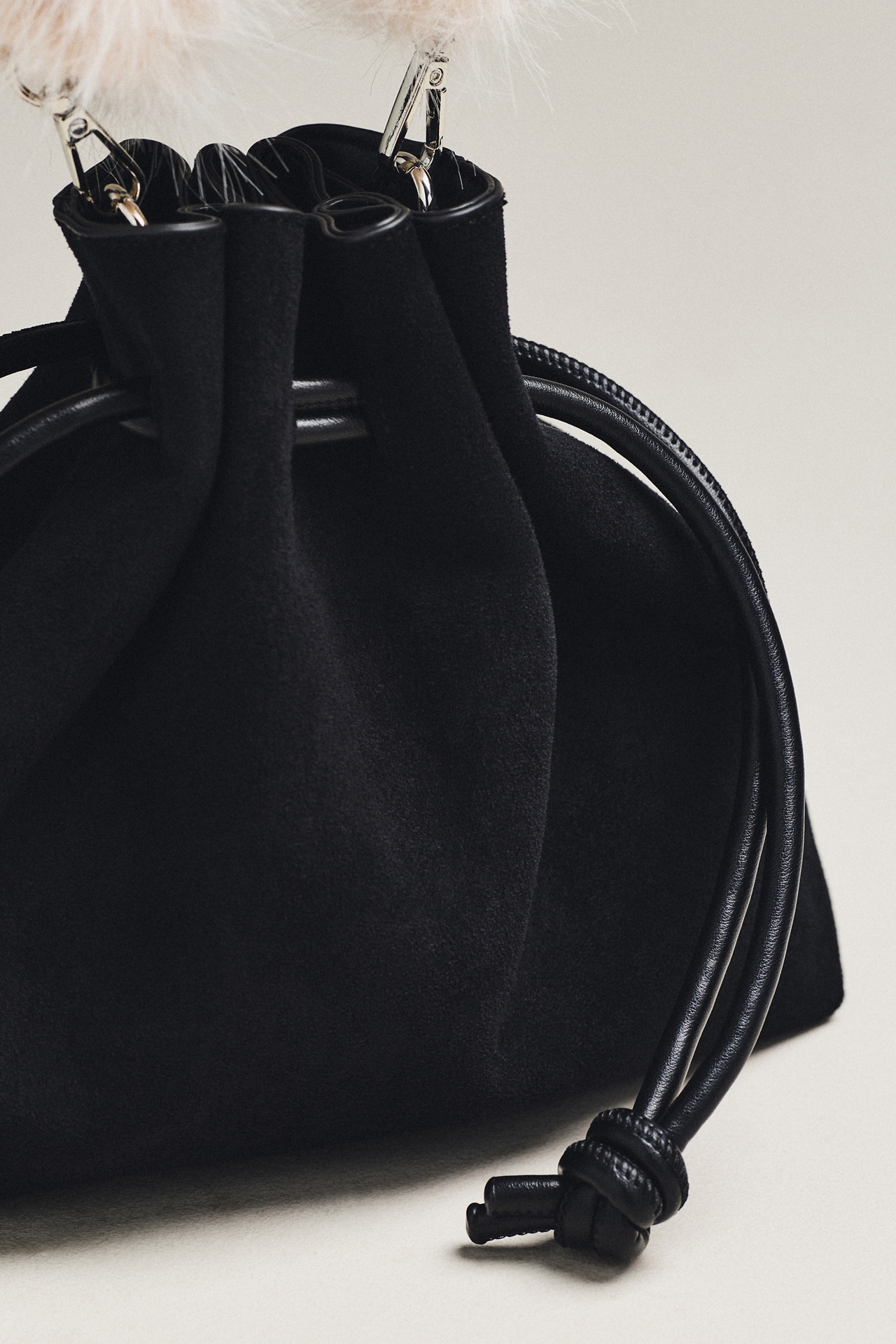 Cinched Suede Faux Fur Bucket Bag