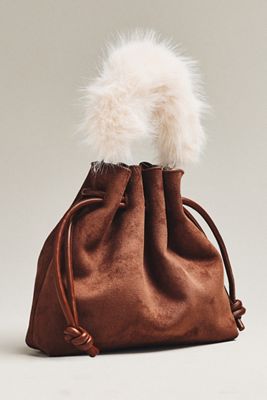 Cinched Suede Faux Fur Bucket Bag