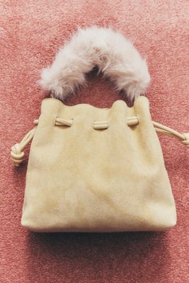 Cinched Suede Faux Fur Bucket Bag