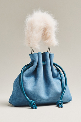 By Anthropologie Cinched Suede Faux Fur Bucket Bag In Blue