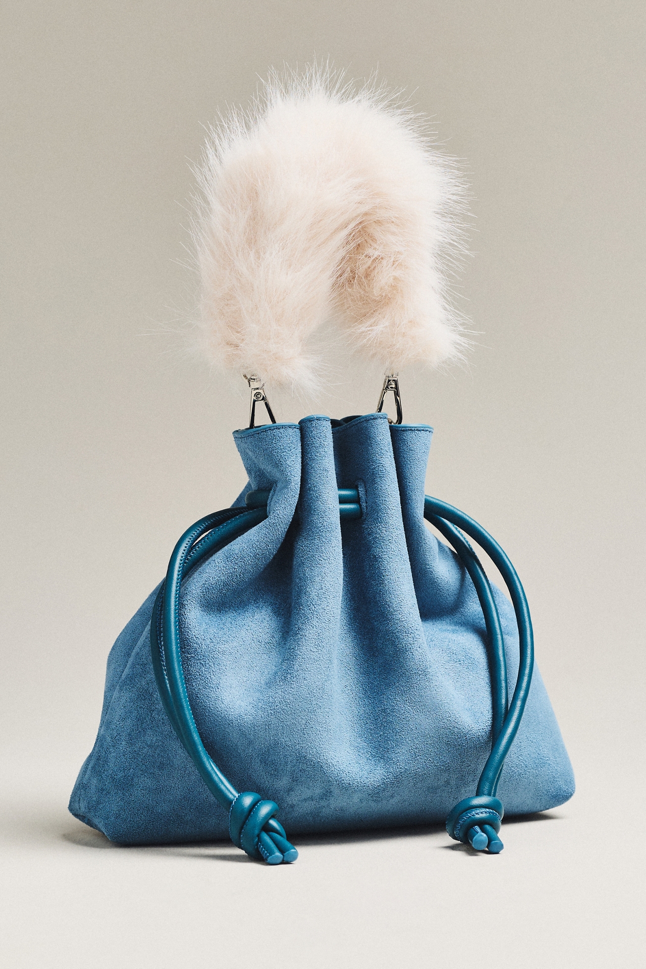 Cinched Suede Faux Fur Bucket Bag