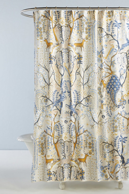 Anthropologie The Printed Cotton Slub Shower Curtain Collection In Green