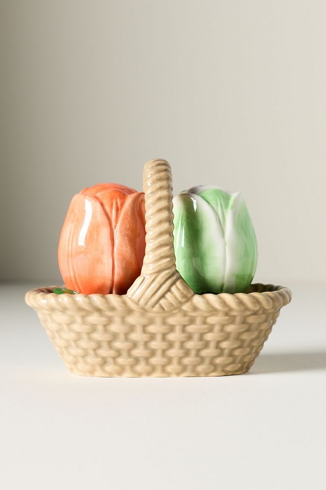 Louise Stoneware Salt & Pepper Shakers in Basket #1
