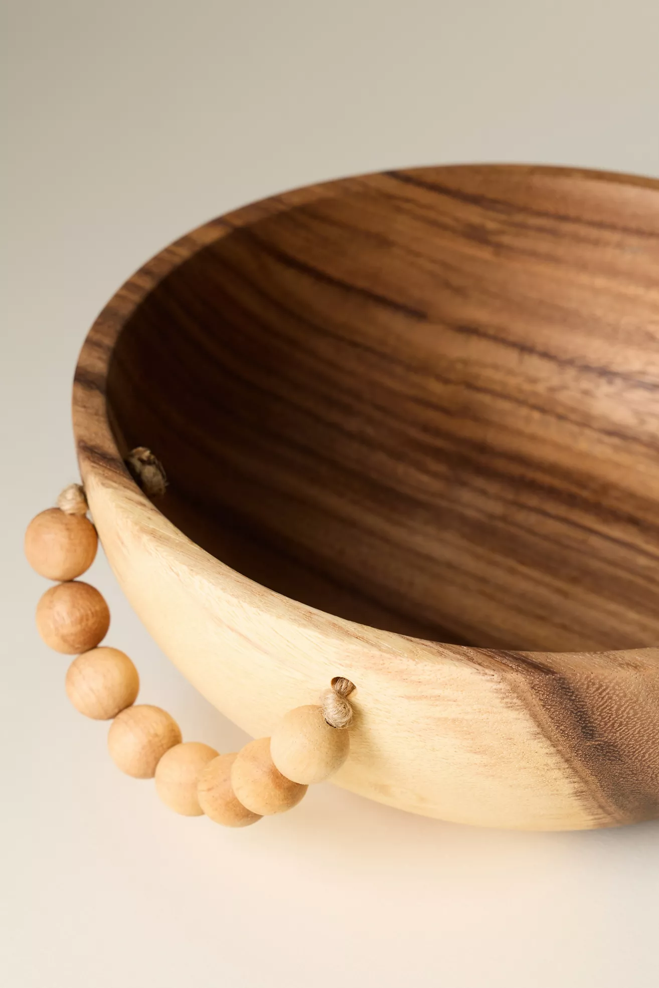 Solid Acacia Wood Serve Bowl with Beaded Handle - thumbnail 3