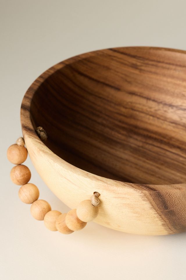Solid Acacia Wood Serve Bowl with Beaded Handle #2