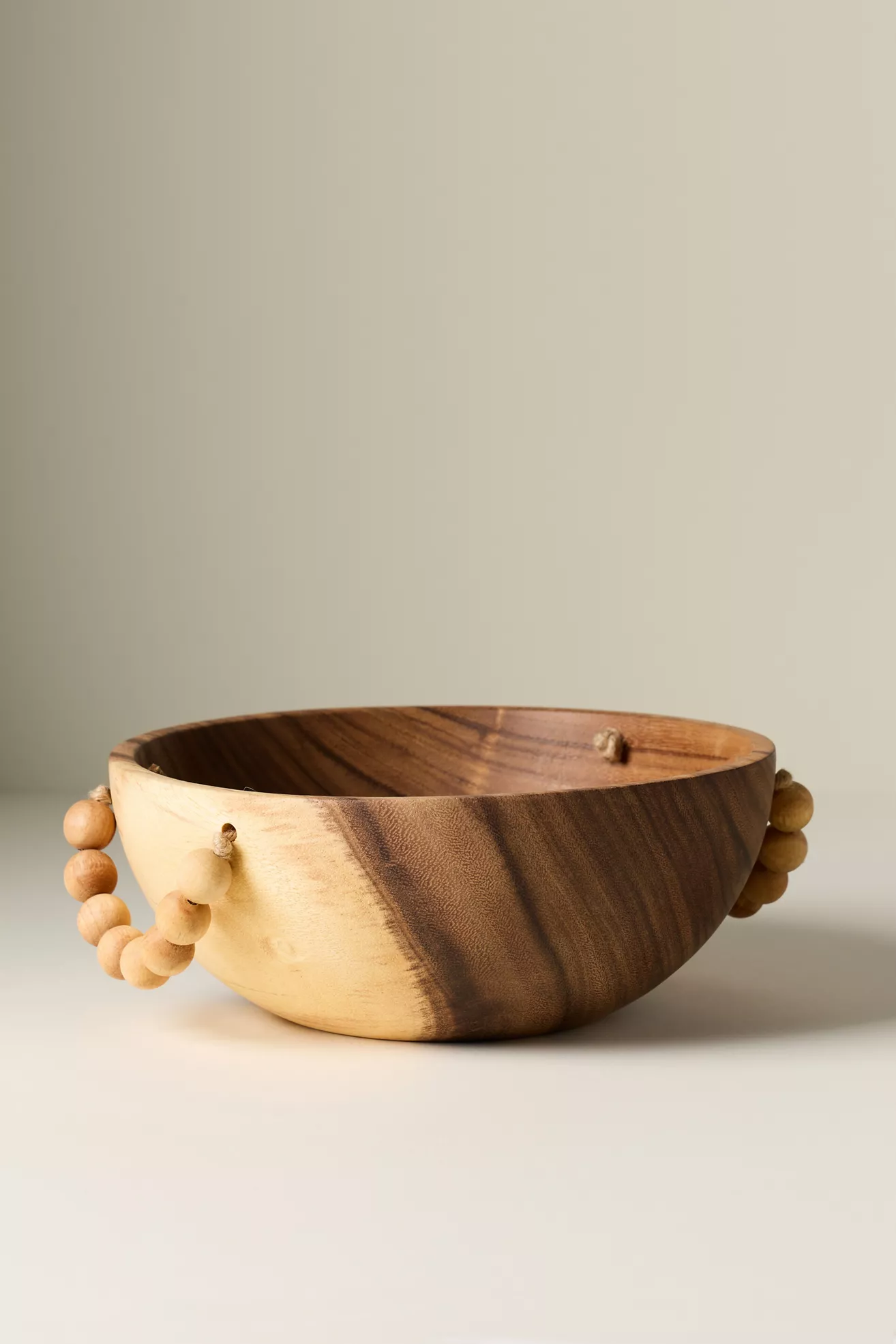 Solid Acacia Wood Serve Bowl with Beaded Handle - thumbnail 2