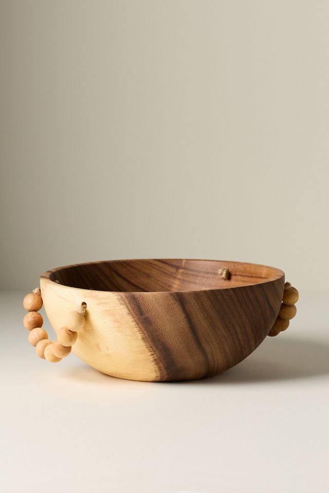 Solid Acacia Wood Serve Bowl with Beaded Handle #1