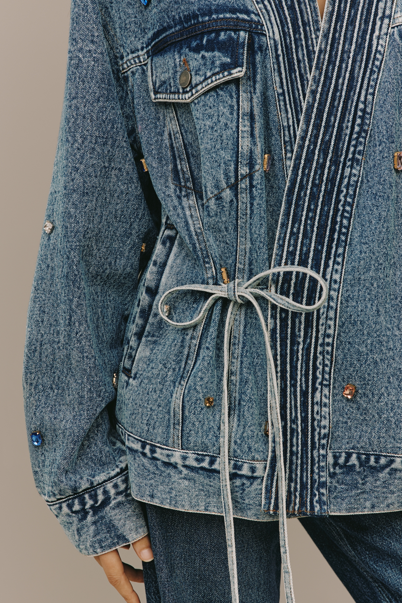 Illani x Anthropologie Embellished Denim Side-Tie Jacket