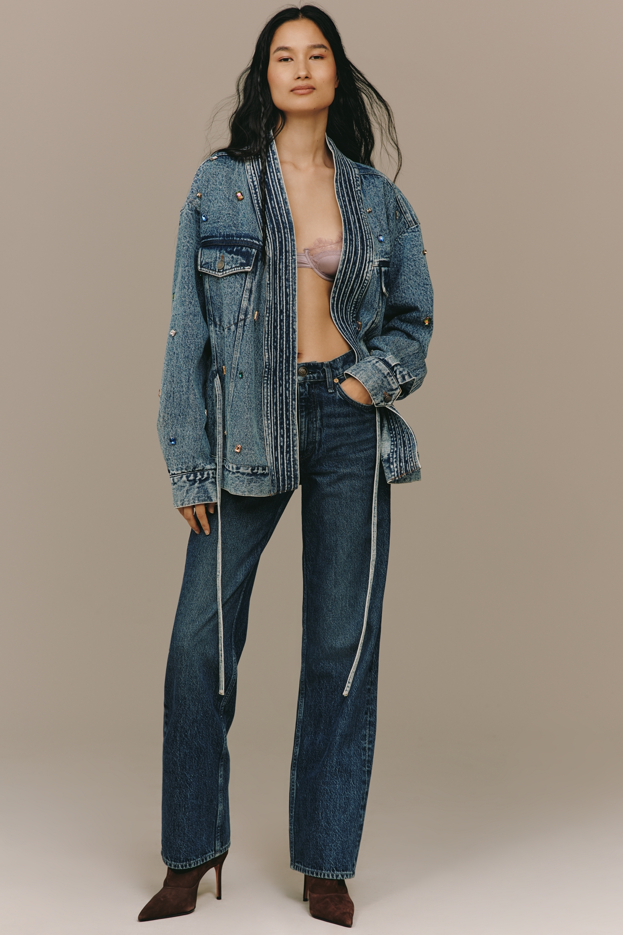 Illani x Anthropologie Embellished Denim Side-Tie Jacket