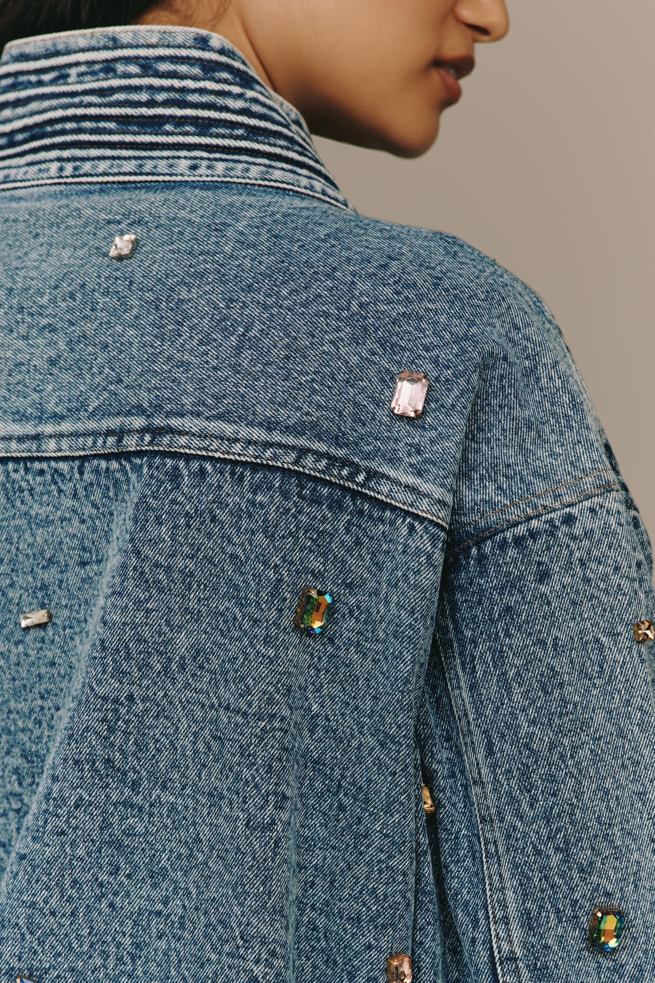 Illani x Anthropologie Embellished Denim Side-Tie Jacket