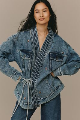 Illani x Anthropologie Embellished Denim Side-Tie Jacket