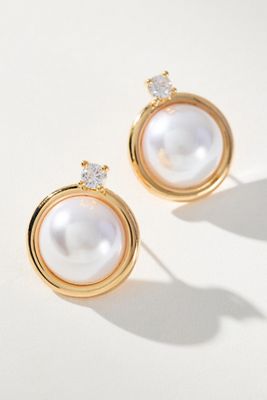 Crystal Ring Pearl Post Earrings